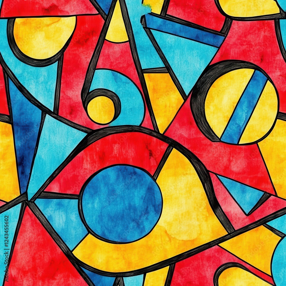 Poster Vibrant watercolor doodle art featuring colorful shapes and patterns in a playful design