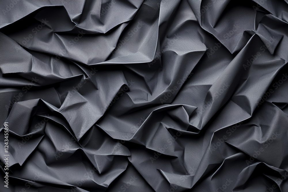 Poster a close-up view of crumpled black paper, showcasing intricate textures and shadows. this abstract im