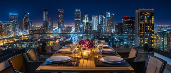 Rooftop table set for evening, city skyline illuminated by night lights-3