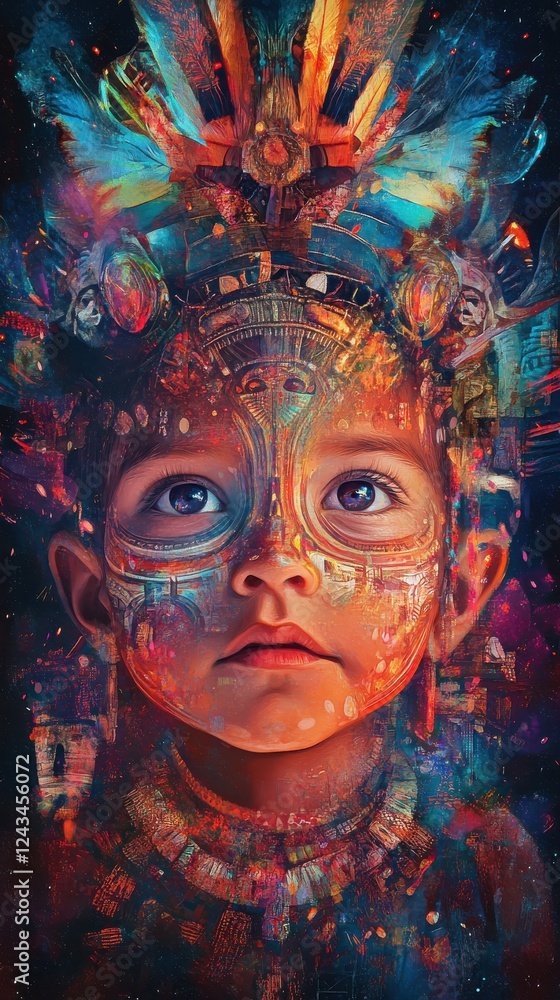 Poster vibrant child's face glowing with colorful decorations and intricate patterns in a mystical setting