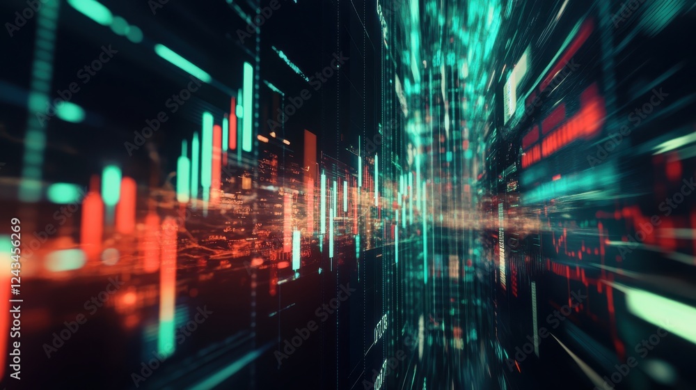 Poster trading icon navigates intense market dynamics with vibrant data visualizations and rapid fluctuatio