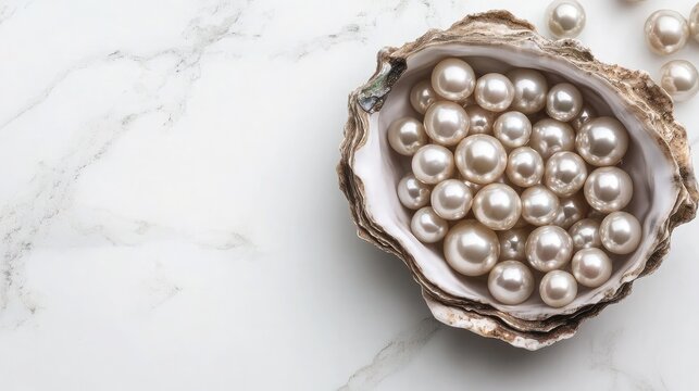 Pearls nestled inside an open oyster shell placed on a white marble background