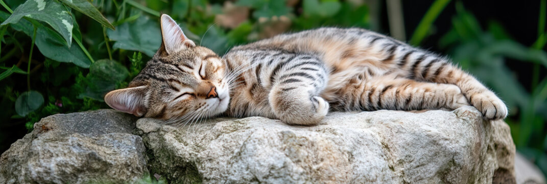 Tabby Cat Sleeping on Rock with Green Foliage