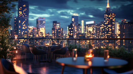 Stylish rooftop table with city skyline, city lights twinkling at night-3