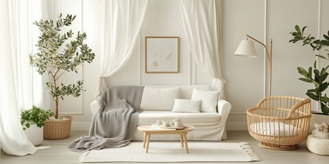 Modern living room interior with white sofa, wooden furniture, and indoor plants, background for home decor, photography