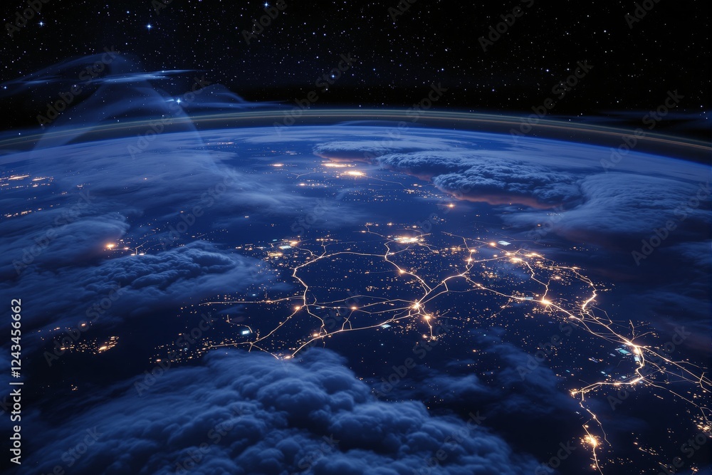 Poster glowing city lights form a connected network on earth's surface, seen from outer space with clouds a