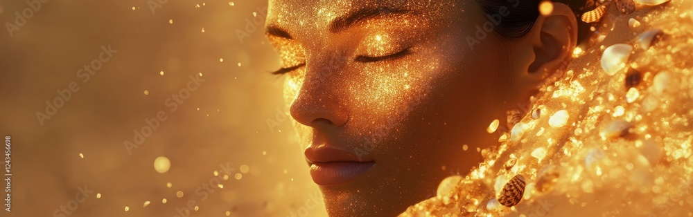 Poster surreal representation of a glowing woman surrounded by shimmering gold particles in an ethereal set