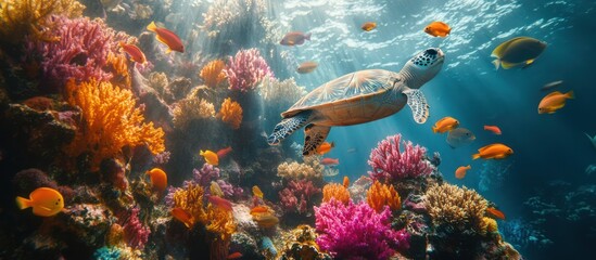 Naklejka premium Turtle swims vibrant coral reef