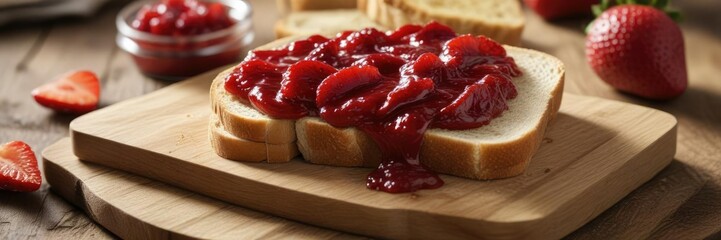 Obraz premium Toasted slice of bread generously slathered with homemade strawberry jam, placed on a natural wooden cutting board, spread, jammy, picnic