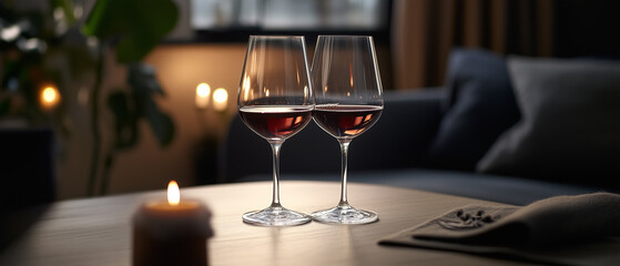 Table with two fine wine glasses, candlelight reflecting in the glasses, festive ambiance-1