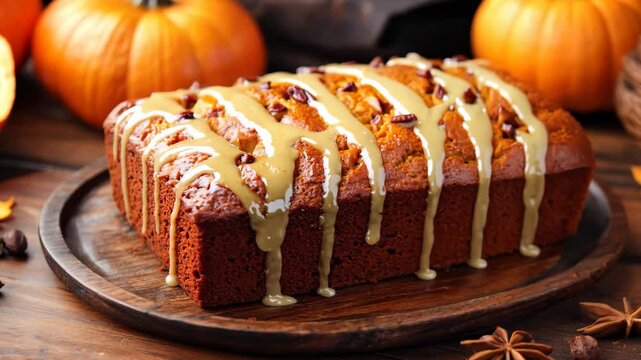 Delicious pumpkin bread with drizzled icing and seasonal decor