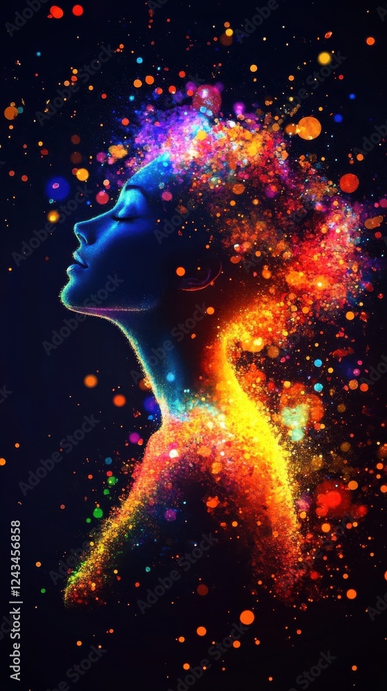 Poster surreal representation of a glowing woman surrounded by colorful particles in a dark space