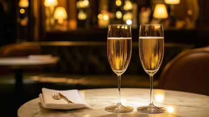 Two champagne flutes on a table, romantic decorations in the background, dim golden lighting-3