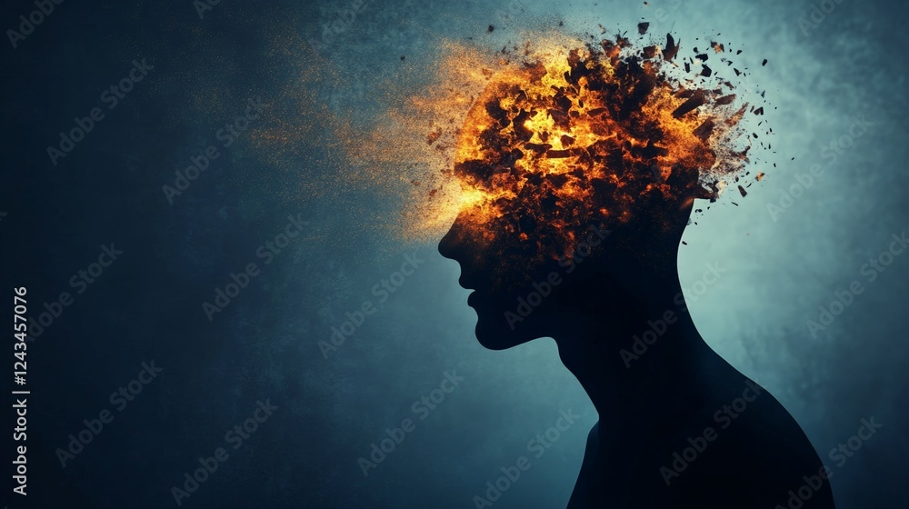 Poster silhouette of a head with an explosive burst of fiery energy, symbolizing mental overload, stress, a