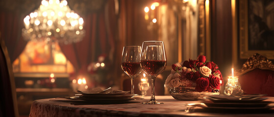 Valentine's Day dinner setting, glasses of wine, cozy atmosphere, soft glow from chandeliers-4