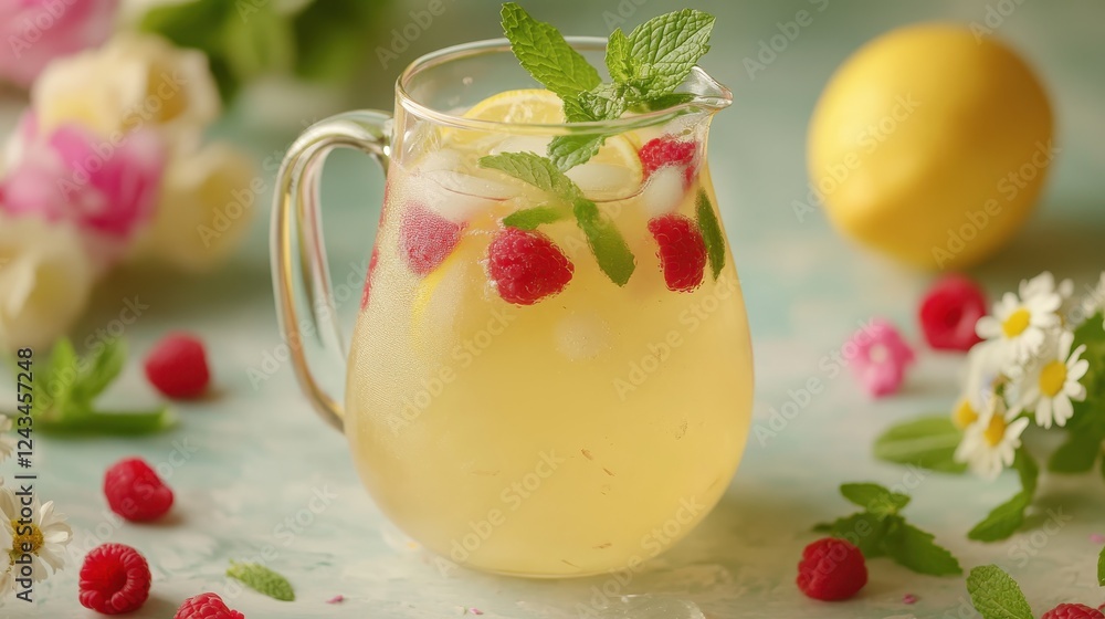 Poster refreshing spring lemonade in a glass pitcher with raspberries and mint