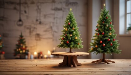 Wooden table with a small Christmas tree under it, minimalist, christmas tree, serene