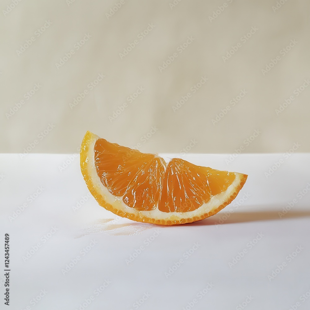 Poster Juicy slice of fresh orange resting on a white surface in a minimalist setting emphasizing natural color and texture