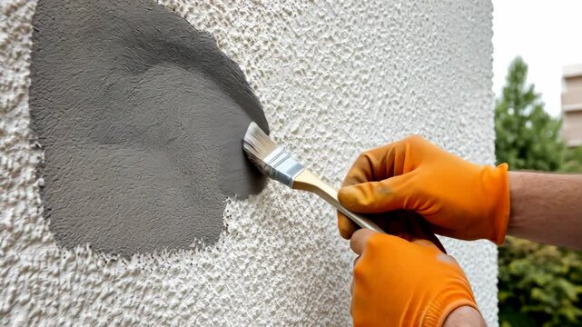 Close-up of hands with orange gloves painting a gray patch on a textured wall in a residential area, showcasing renovation work