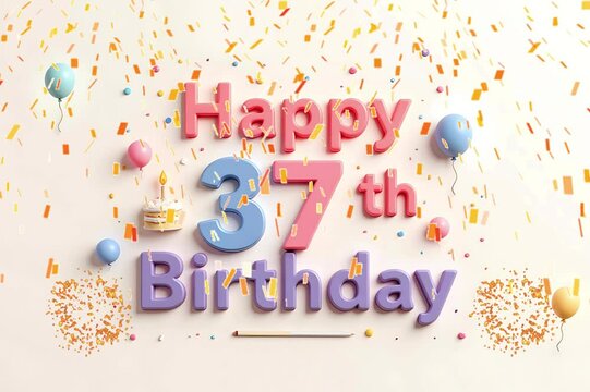 Animated 3D Happy 37th Birthday background video in pastel theme with floating balloons, lit candles, fireworks, and confetti shower
