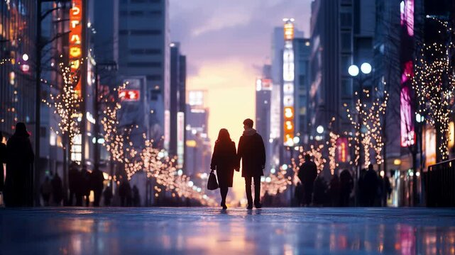 Couple marchant main dans la main dans une rue au Japon avec des illuminations.