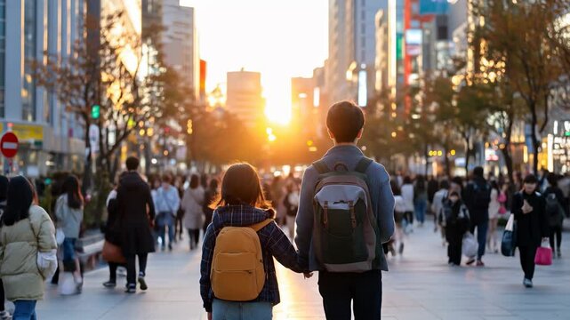 Un homme et sa fille de dos marchant dans la rue au coucher de soleil.