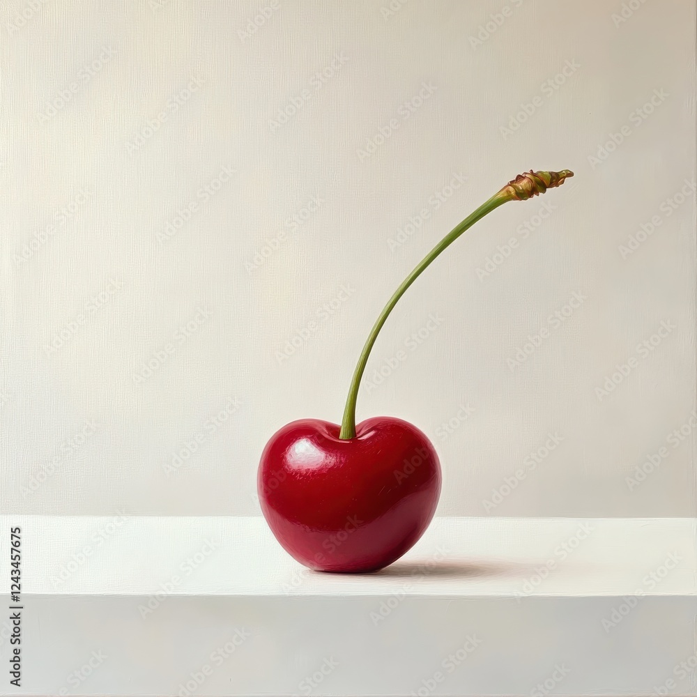 Poster glossy ripe cherry with vibrant red color and slender green stem on a minimalist background