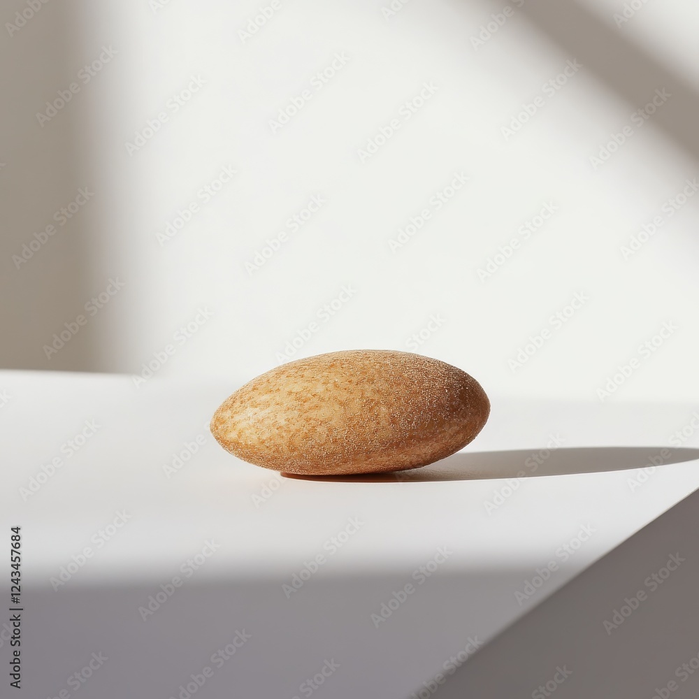 Poster Single roasted almond displayed prominently on a smooth surface with soft shadows enhancing its shape and texture