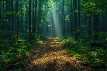 Obraz premium Sunbeams Illuminate Forest Path Through Lush Green Trees