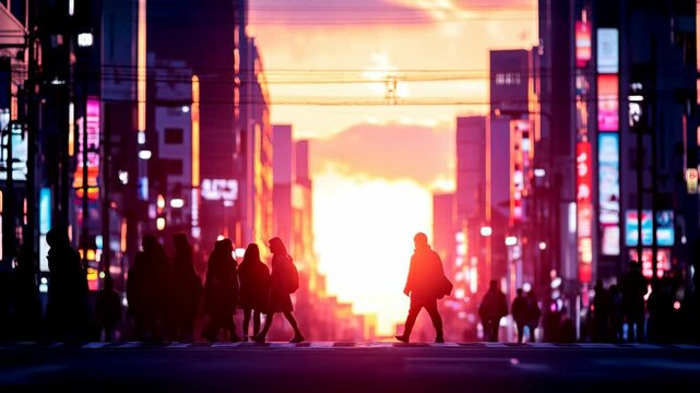 Rue d'une grande ville japonaise avec des gens qui traversent un passage pi&eacute;ton devant un coucher de soleil.