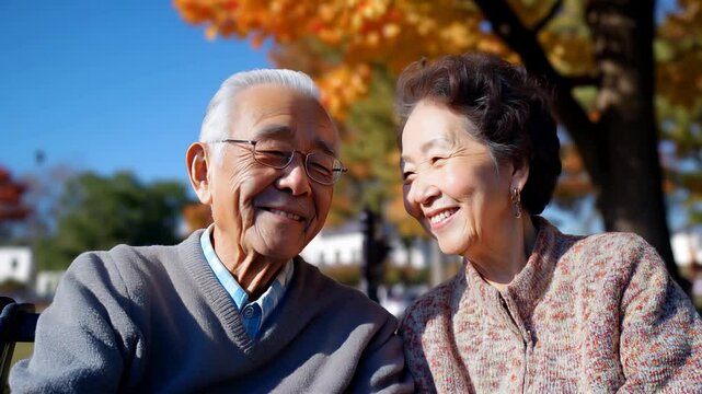 Un couple de personnes &acirc;g&eacute;es asiatiques assis au soleil dans un parc avec des arbres d'automne autour.