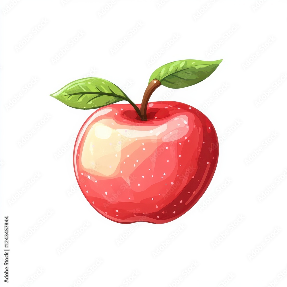 Poster shiny red apple with a green leaf resting on a white background in bright lighting