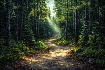 Obraz premium Sunlit Path Through A Lush Green Forest