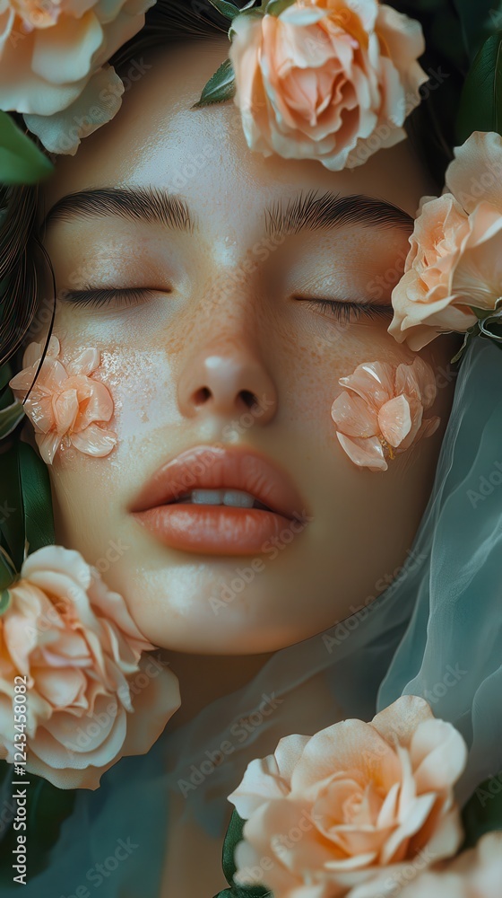 Aufkleber serene portrait of a woman's glowing face adorned with delicate roses in a tranquil setting