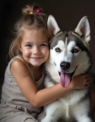 Fototapeta na wymiar Portrait of a cheerful young girl posing next to her adorable Husky dog, highlighting a heartwarming bond between children and their beloved pets.