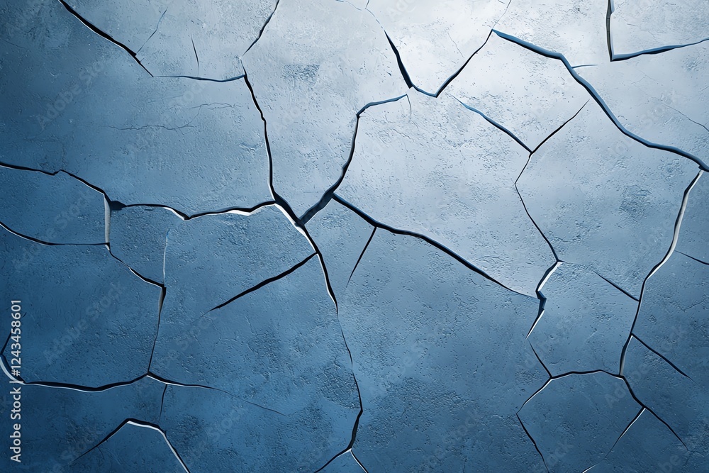 Poster a detailed close-up of cracked blue concrete texture displaying a unique pattern. ideal for backgrou