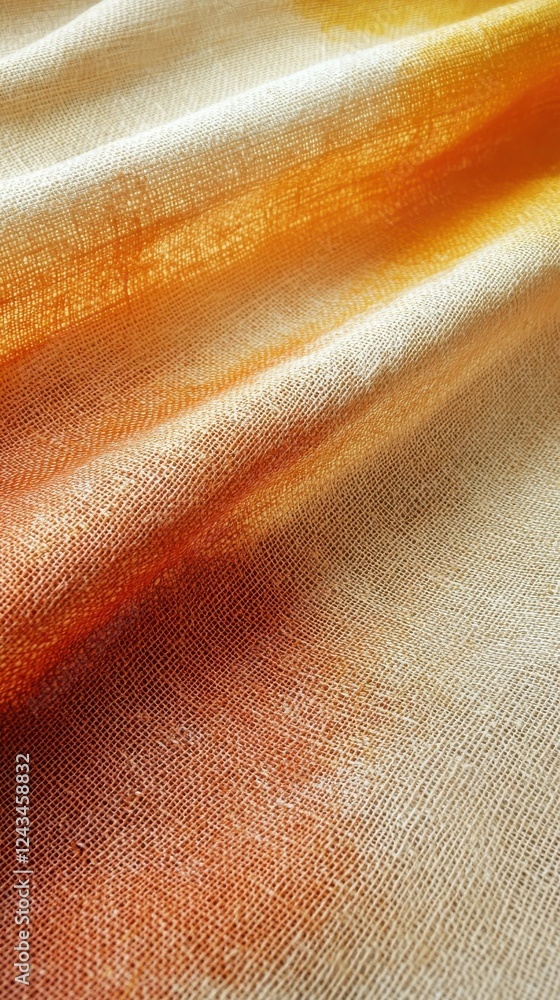 Poster Gradient dyed burlap fabric showcasing warm tones of orange and cream suitable for various rustic decor projects
