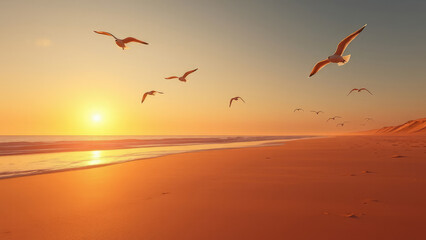 Fototapeta premium Warm sandy beach at sunset with few seagulls flying overhead, summer days, seagulls