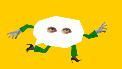 Quirky dialogue. Abstract speech bubble with high heels and expressive hands symbolizes dynamic, ever-changing nature of social media conversations. Concept of online communication, networking