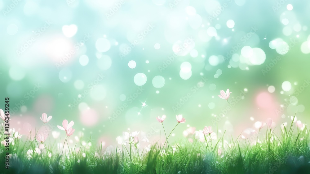 Poster vibrant green field filled with flowers and soft bokeh light effects during a serene daytime
