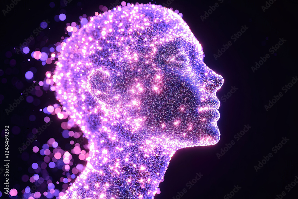 Poster digital representation of a human head with glowing particles in a dark background showcasing techno