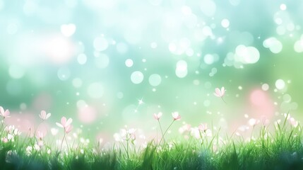 Obraz premium Vibrant green field filled with flowers and soft bokeh light effects during a serene daytime