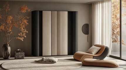 Neutral-toned bedroom design with a modern wardrobe and cozy seating arrangement in a serene space