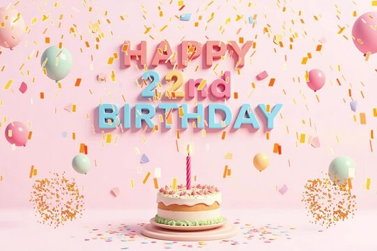 Animated 3D Happy 22nd Birthday background video in pastel theme with floating balloons, lit candles, fireworks, and confetti shower