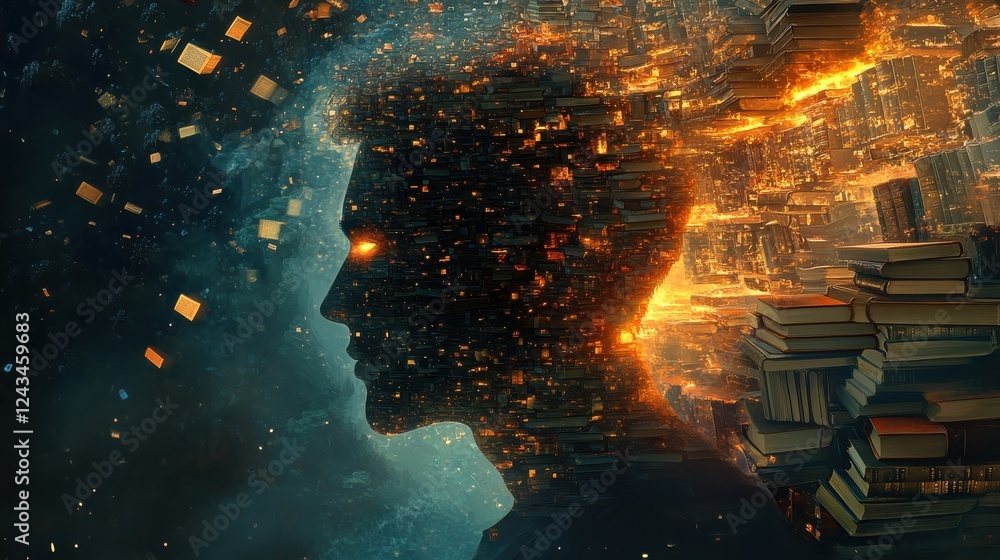 Poster mans profile filled with books and mystical elements depicting the journey of knowledge and imaginat