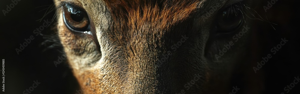 Poster macro view of a deer's face showcasing detailed features and intensity in natural light