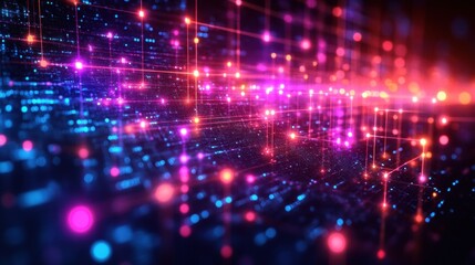 Obraz premium Abstract blue and purple network with glowing line and node. At center of frame the glowing line and node are a various of business icons connecting around the world.