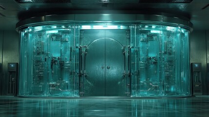 Futuristic vault entrance, secure, glowing interior,  guarded by transparent panels