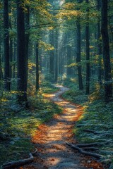 Fototapeta premium Sunlit Path Winding Through A Misty Forest