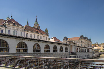 Mesarski most, butcher's bridge, bridge with padlocks spans the promenade Ljubljanica River.